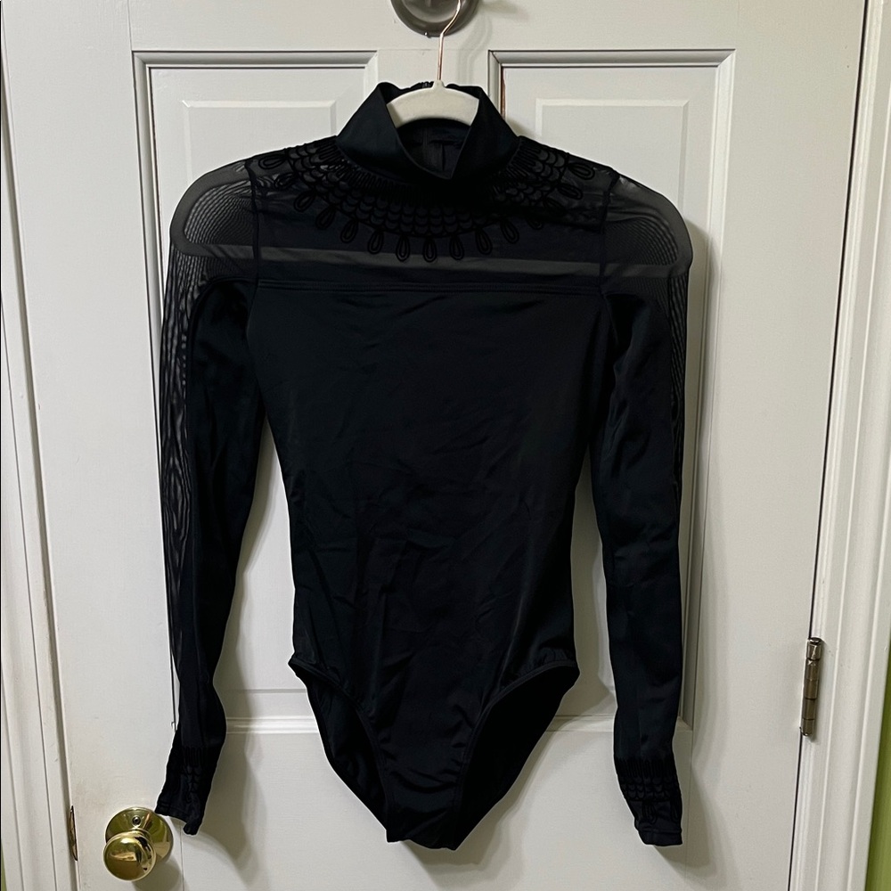 Black Long Sleeve Dance Bodysuit with Sheer Details Built-In Bra